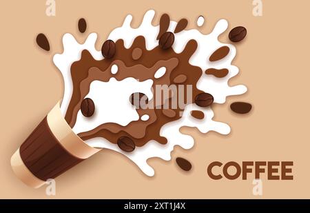 Paper cut coffee cup with milk cream splash, vector 3d hot drink poster. Cappuccino spilling out of takeaway coffee paper cup with 3d papercut flow wave layers, roasted beans, brown and white drops Stock Vector