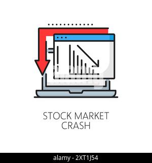 Stock market crash graph line icon with color down arrow, vector economic crisis, finance and business recession. Outline laptop screen with financial chart of declining stock prices, bankruptcy Stock Vector