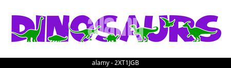 Prehistoric dinosaur silhouettes. Vector lettering or typography word with vibrant purple letters, flanked by a variety of green colored dino shapes or shadows. Prehistoric type for paleontology park Stock Vector