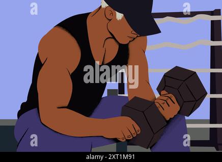 A man lifts a dumbbell in the gym, focusing on his exercise. Gym, workout, strength, fitness, determination. Athletic man doing a bicep curl with a he Stock Photo