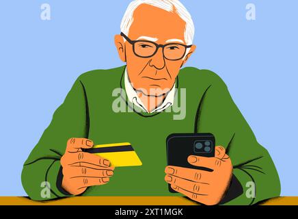 Senior man holding a credit card and a smartphone. Elderly, credit card, smartphone, serious, glasses. Elderly man with glasses holding a credit card Stock Photo