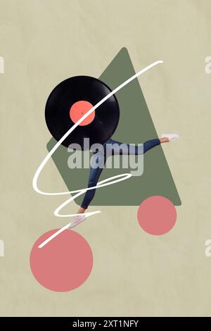 Collage 3d pinup pop retro sketch image of excited lady vinyl plate instead head isolated painting background Stock Photo