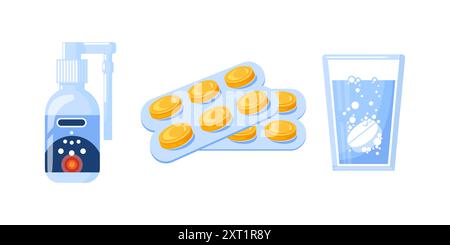 A colorful depiction of essential health items like spray, tablets, and water, promoting wellness and health Stock Vector