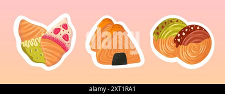 This vibrant illustration showcases an array of delightful ice cream cones and beautifully crafted pastries Stock Vector