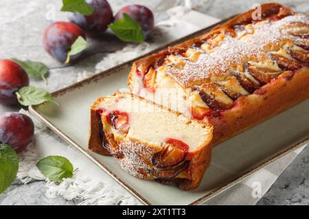 Yogurt Plum Cake with fresh fruit soft sponge dough closeup on the plate on the table. Horizontal Stock Photo