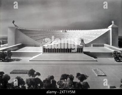 The model depicts the Deutsche Kampfbahn in Nuremberg, the largest sports facility of its time. The foundation stone was laid during the 1937 Party Congress of Labor. Designed by Adolf Hitler's architect, Albert Speer, the stadium was intended to host the National Socialist combat games and could accommodate 405,000 spectators. The stadium was projected to be completed within four years, symbolizing the grand scale of Nazi propaganda and their focus on physical prowess and national unity. Stock Photo