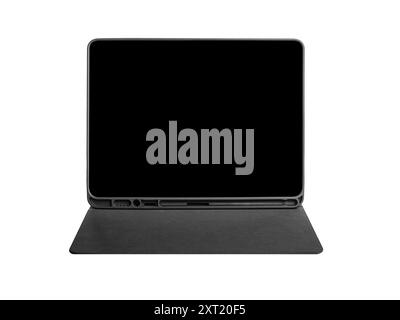 Black tablet pc on a case stand on a white background. Stock Photo