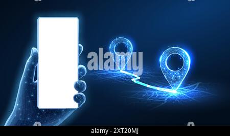 Phone mockup in hand and pins connected. Phone mobile app, gps tracker, Stock Vector