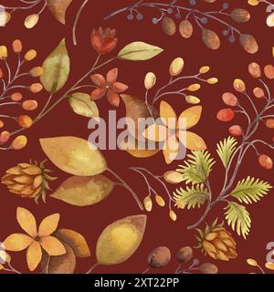Fall flowers vector seamless pattern with leaves and berries on the maroon background. Hand drawn watercolor autumn floral illustration in green and Stock Vector