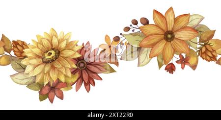 Seamless border with autumn watercolor flower and leaf. Hand drawn floral curve arrangement with blooming in rustic style and orange color. Perfect Stock Vector