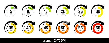 Stopwatch icons with pointer arrow. Colorful chronometer, time counter with dial. Countdown time, hours and minutes. Deadline, sport measurement Stock Vector