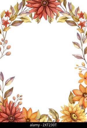 Fall flower vertical frame with watercolor red and orange bloom and twig of leaves. Hand drawn floral edged template in rustic style. Perfect for Stock Vector
