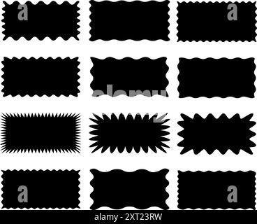 Set of rectangle shape frames with zigzag edge. Uneven zigzag rectangular shapes. Jagged rectangle. Isolated elements for design of text box, badge, b Stock Vector