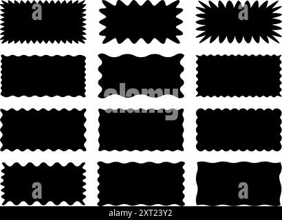 Set of rectangle shape frames with zigzag edge. Uneven zigzag rectangular shapes. Jagged rectangle. Isolated elements for design of text box, badge, b Stock Vector