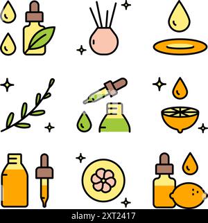 Essential oils aromatherapy icons set. Collection of essential oils perfume. Vector signs for web design isolated on white background. Stock Vector