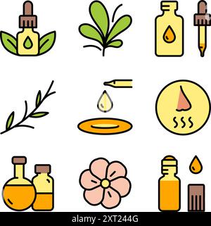 Essential oils aromatherapy color icons set. Outline collection of essential oils perfume. Vector logo symbols for website design, mobile app, ui. Stock Vector