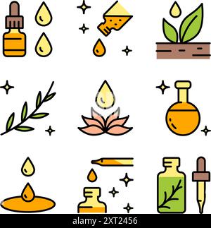 Essential oils aromatherapy color icons set. Collection of essential oils perfume. Vector simple flat signs for web design isolated on white backgroun Stock Vector