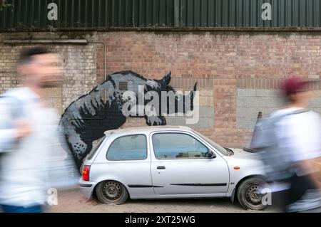 New Banksy artwork, depicting a Rhino appears in Charlton, South East London 12 August 2024. The Artist has confirmed the work is his. Stock Photo