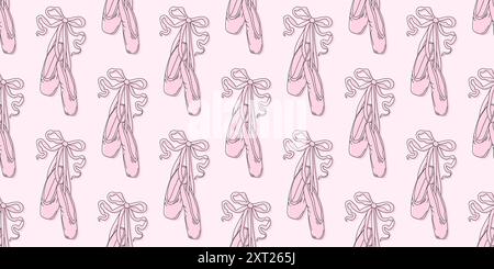 Seamless pattern pointe shoes with bow. Female pink ballet slippers for classic elegant dance. Vector Illustration Stock Vector