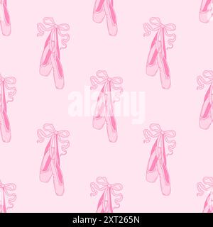 Seamless pattern pointe shoes with bow. Female pink ballet slippers for classic elegant dance. Vector Illustration Stock Vector