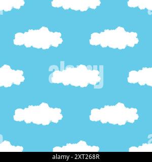 White clouds on blue sky seamless pattern. Chalk drawn clouds. Vector illustration Stock Vector