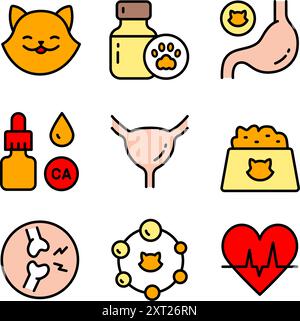 Pets vitamins color icons set. Different types of cats medicine, vitamins and supplements. Simple vector icons for ui and ux, website or mobile applic Stock Vector
