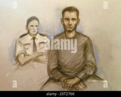 Court artist drawing by Elizabeth Cook of Ioan Pintaru appearing at Westminster Magistrates' Court, London, charged with attempted murder after an 11-year-old girl was stabbed in Leicester Square. Picture date: Tuesday August 13, 2024. Stock Photo