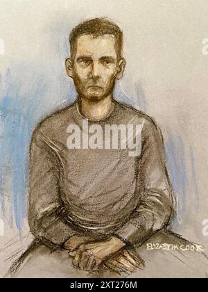 Court artist drawing by Elizabeth Cook of Ioan Pintaru appearing at Westminster Magistrates' Court, London, charged with attempted murder after an 11-year-old girl was stabbed in Leicester Square. Picture date: Tuesday August 13, 2024. Stock Photo