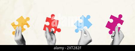 Halftone hands making puzzle together collage vector illustration Stock Vector