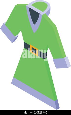 Green elf dress with a black belt is being displayed isometrically Stock Vector