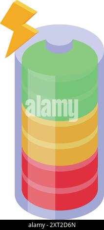 Battery icon showing charging status with a color indicator, going from red to green, and a lightning bolt Stock Vector