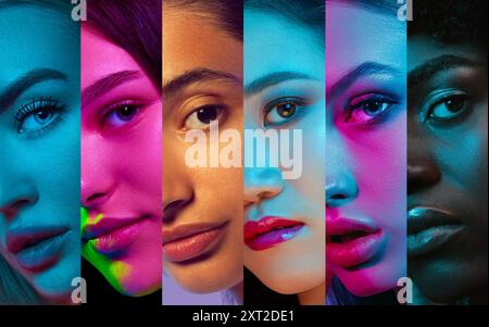 Collage made of beautiful women with different skin color, age and nationality, in neon light. Diversity of beauty, cosmetology, makeup, beauty salon Stock Photo