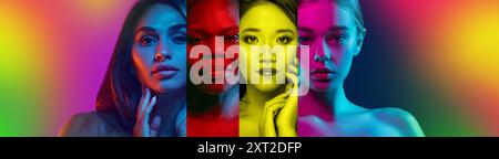 Collage showing four beautiful woman of different age and nationality against multicolored gradient background in neon light, Diverse beauty Stock Photo