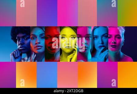 Collage made of beautiful women of different age and nationality against multicolored background in neon light, Diverse beauty. Stock Photo