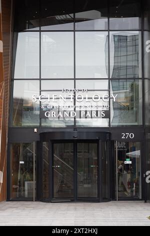 The facade of the headquarters of the Church of Scientology, in Saint-Denis, north of Paris, on August 13, 2024. The Church of Scientology, which has been classified as a cult in France by several parliamentary reports. Photo by Raphael Lafargue/ABACAPRESS.COM Stock Photo