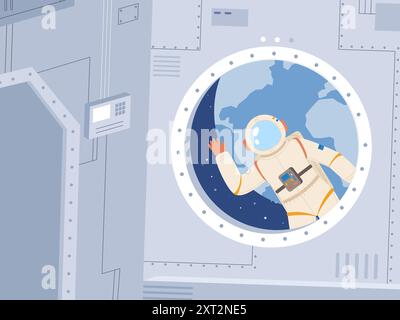 Astronaut working in outer space and looking in spaceship. Greeting from cosmonaut from universe, cosmos adventures and travel, vector scene Stock Vector