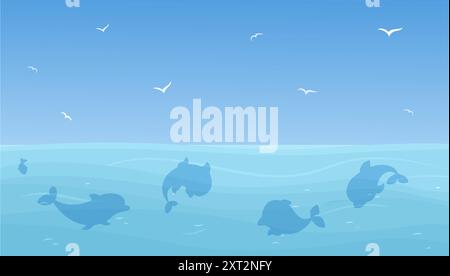 Ocean landscape with dolphins silhouettes in water. Sea nature, white seagulls flying in blue sky. Marine animals, underwater vector background Stock Vector