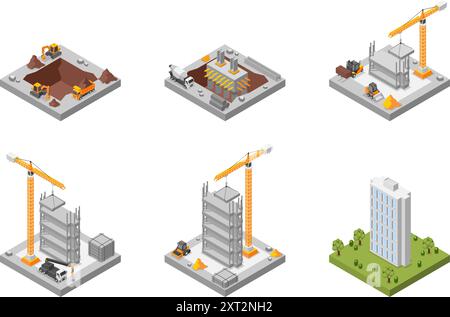 Isometric building process. Special machineries construction modern apartment build or skyscraper step by step. 3d flawless vector scenes Stock Vector
