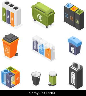 Isometric trash bins. Waste sorting and recycling, garbage plastic and metal cans and baskets for mall home office space. Isolated flawless vector Stock Vector