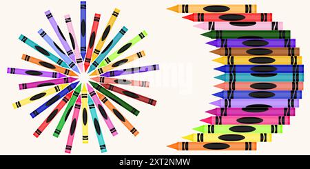 Colorful wax crayon frame illustration. Education School Supply - Black, Indigo, Blue, Turquoise, Teal, Green, Yellow, Orange, Red, Pink, Purple Stock Vector