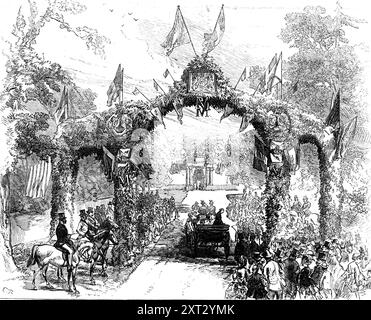 Arrival of the Earl of Pembroke at Wilton, 1871. 'The coming of age...of George Robert Charles, thirteenth Earl of Pembroke, and tenth Earl of Montgomery, son of the late Lord Herbert of Lea, was celebrated with great festivity at Wilton, near Salisbury. The young Earl, with his mother, Lady Herbert, returned from their Continental travels, and...were met at the railway station by the Mayor of that little town...[They rode] in an open carriage, with 150 tenant farmers on horseback...Many visitors, from Salisbury and the neighbouring towns, were among the spectators. A royal standard was hoiste Stock Photo