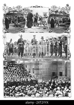 At The School That Has Left A Deep Mark On Great Britain, The Empire, And The World: The King at Rugby School, 1909.. 'The King [Edward VII] visited Rugby School on Saturday of last week, declared open the new Speech Room, commanded an addition to the boys' &quot;hard-earned holidays,&quot; presented prizes. planted a young oak tree in the Close, and inspected the members of the Officers' Training Corps of the school. In the course of his reply to the address read by the head of the school, H. J. B. Clough, a grand-nephew of the poet, the King said: &quot;Rugby is notable not only for its succ Stock Photo