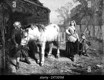 &quot;Auld Mare Maggie,&quot; by J. Faed, 1870. Engraving of a painting inspired by a poem by Robert Burns. 'A poem more characteristic of Burns...could scarcely be named than that of the &quot;Auld Farmer's New-Year morning salutation to his auld mare Maggie&quot;...Well may the old farmer...greet his ancient companion with promises of continued protection and support, together with all needed indulgence now as they &quot;totter&quot; on together through the new year...Maggie is certainly now a poor, worn-out old creature, stiff and crazy, sunk in the back, and showing her bones, and her old Stock Photo