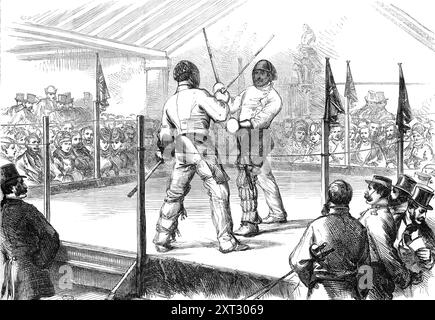 Assault of arms by the Hon. Artillery Athletic Club: quarterstaff, 1870. 'The thirteenth annual assault of arms of this club took place at head-quarters, Finsbury [in north London], on the evening of Wednesday week, before a numerous and fashionable company - a fair proportion of the spectators being ladies. The programme contained fourteen trials of skill and strength in different exercises. The performance began at half-past seven and was continued with animation, an interval of a quarter of an hour only occurring, until ten o clock. Among the bouts attracting most notice [was that] between Stock Photo