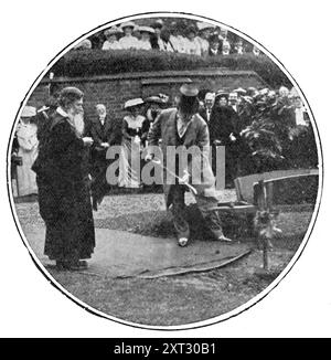 At The School That Has Left A Deep Mark On Great Britain, The Empire, And The World: The King planting his oak at Rugby School, 1909. 'His Majesty [King Edward VII] Shovelling Earth About The Roots Of The Young Tree, In The Close Under The Doctor's Wall. The King...declared open the new Speech Room, commanded an addition to the boys' &quot;hard-earned holidays,&quot; presented prizes. planted a young oak tree in the Close, and inspected the members of the Officers' Training Corps of the school. In the course of his reply to the address read by the head of the school, H. J. B. Clough, a grand-n Stock Photo