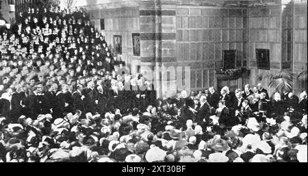 At The School That Has Left A Deep Mark On Great Britain, The Empire, And The World: In A Great And Splendid School: The King Declaring Open The New Speech-Room At Rugby., 1909. 'The King [Edward VII]...declared open the new Speech Room, commanded an addition to the boys' &quot;hard-earned holidays,&quot; presented prizes. planted a young oak tree in the Close, and inspected the members of the Officers' Training Corps of the school. In the course of his reply to the address read by the head of the school, H. J. B. Clough, a grand-nephew of the poet, the King said: &quot;Rugby is notable not on Stock Photo