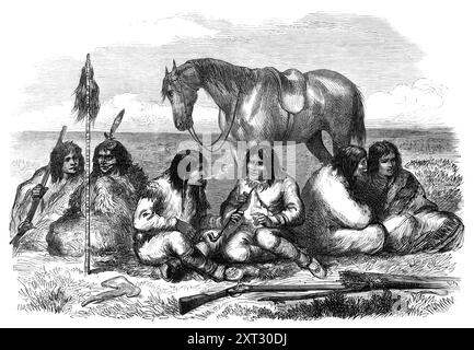 The Red River Expedition in North America: the Prairie Crees, 1870. Engraving of a sketch by William Hind, '...a brother of Professor Hind...The gradual extinction of Indian title in the vast region now possessed by the Canadian Government is of great importance to the peaceful settlement of the country, and on the faithful observance of treaties its prosperity for many years to come will be entirely dependent...the Prairie Crees...inhabit [an area extending] from Red River nearly to the base of the Rocky Mountains on the north Saskatchewan River. They are generally a mild and good-natured rac Stock Photo