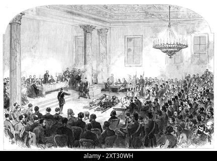 Trial of the Greek brigands at Athens, 1870. 'At the upper end...sat the presiding Judge;...on his right was the King's Procurator or Attorney-General...The prisoners, seven in number, were ranged on the lower floor...They were all wounded, and two of them, Economos and Calomiris, being crippled, lay in litters on the floor. Their two advocates sat...near them, and they were surrounded by guards...The Greek Minister of Justice sits in the chair to the left...; Mr. Erskine, the British Minister,...is placed next; and the figure on the hand of this row is Photiades Bey, the Turkish Minister. Mr. Stock Photo