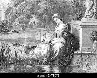 &quot;The Happy Days of Marie Antoinette&quot;, by P. R. Morris, 1870. Engraving from a painting. 'Who does not retain a vivid recollection of the tremendous contrasts in that sad story of the hapless French Queen? &quot;In her brief interval of happiness [says an eloquent writer,] her spouse Louis XVI. built for her the chateau of the Petit Trianon, in the grounds of Versailles, to which she withdrew from the severe etiquette of the Court, to find unalloyed pleasure in the society of her children. She did not see the storm impending that in six short years was to burst over her loved ones and Stock Photo