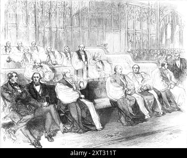 The bench of bishops during the debate in the House of Lords on the Irish Church Bill, [Westminster, London], 1869. 'The upper section of the benches set on the right hand of the [Queen's]  throne is devoted to the accommodation of the Archbishops and Bishops; while such of the leading members of the Government as are peers occupy the front bench immediately below them...The view shown in our Illustration, taken either from the Reporters' Gallery or Strangers' Gallery,...includes the right-hand upper corner, with all the Bishops' benches; the upper end of the front bench occupied by the Minist Stock Photo